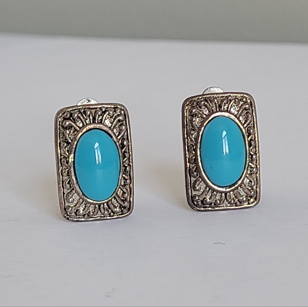 Vintage Boho Greco Roman Turquoise Silver Filigree Square Stud Clip-On Earrings - Picture 2 of 8